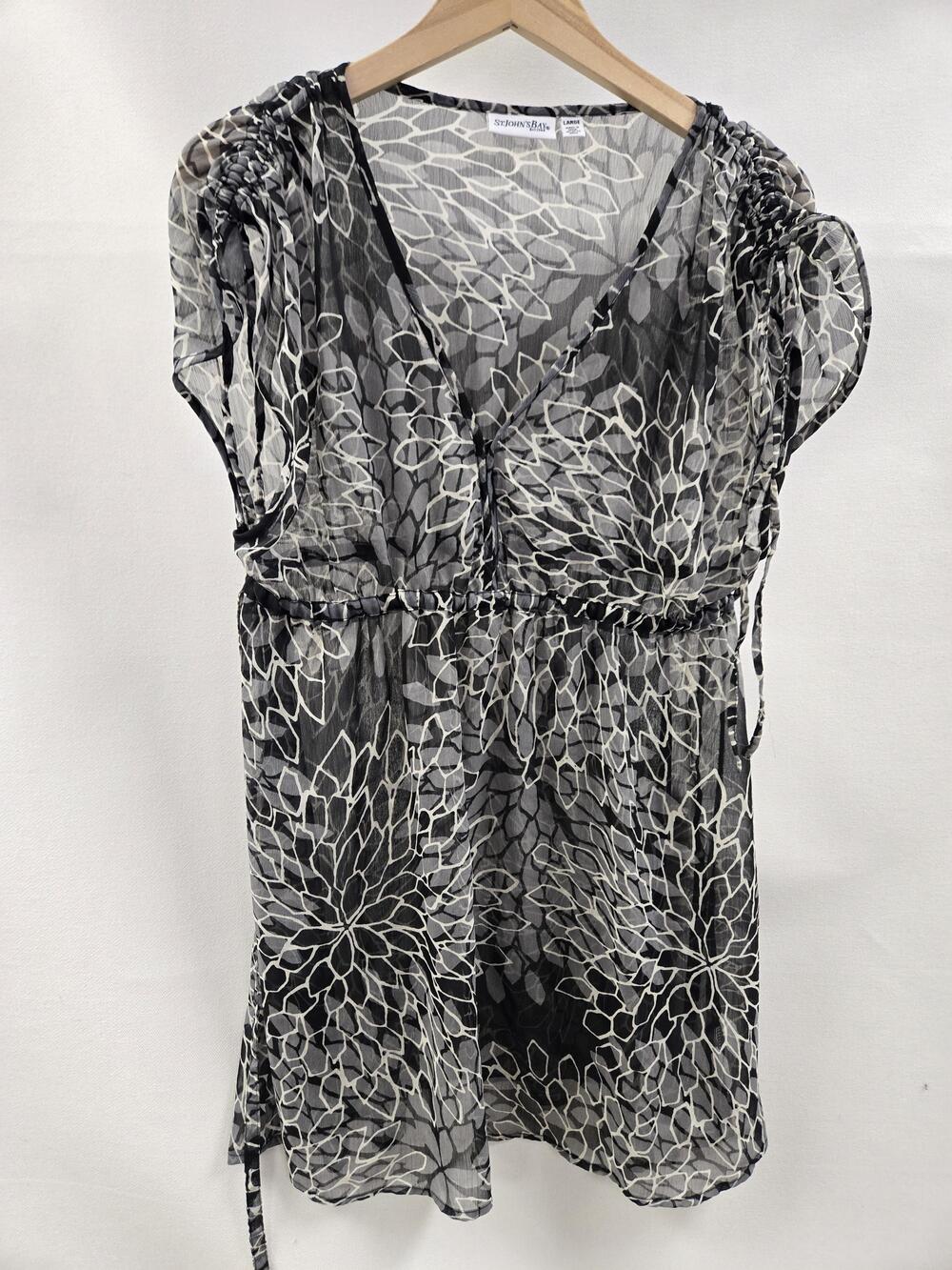 St. John's Bay Blouse Womens Large Black/Gray Sheer V-Neck Tunic Drawstring